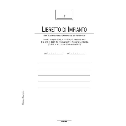Registro Libretto di impianto per la climatizzazione estiva e invernale Regione Lombardia - 48 pagine - 29,7x21 cm